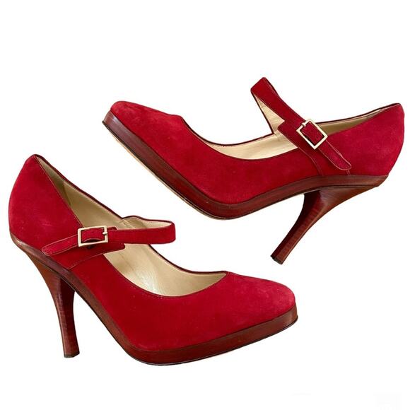 Jimmy Choo | Friday Kid Suede Platform Pumps Mary Janes Red EU 40.5, US 10.5 - Picture 1 of 15